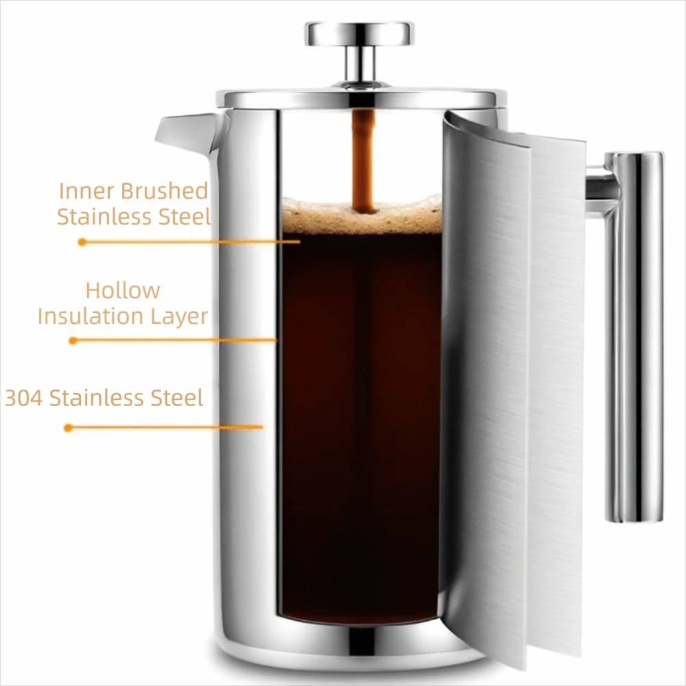 350/600/800/1000/1500ml French Press Coffee Maker Filtration System Double Wall Stainless Steel Coffee Brewer Easy Clean