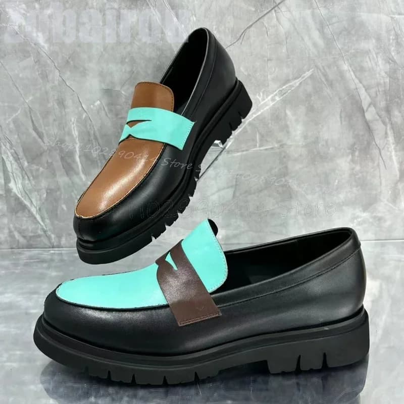 Mocassini da uomo asimmetrici a tacco alto con cuciture a contrasto, alla moda, slip-on, di lusso, fatti a mano, per feste e banchetti, scarpe casual da uomo