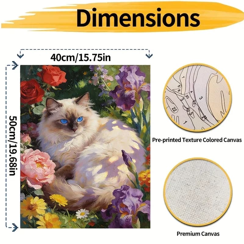 [Professional Art Use] 2D Flat, 1 Set Adult Digital Oil Painting Kit, "Cat Lying in Flowers" with Acrylic Paints, Canvas, 3pcs B
