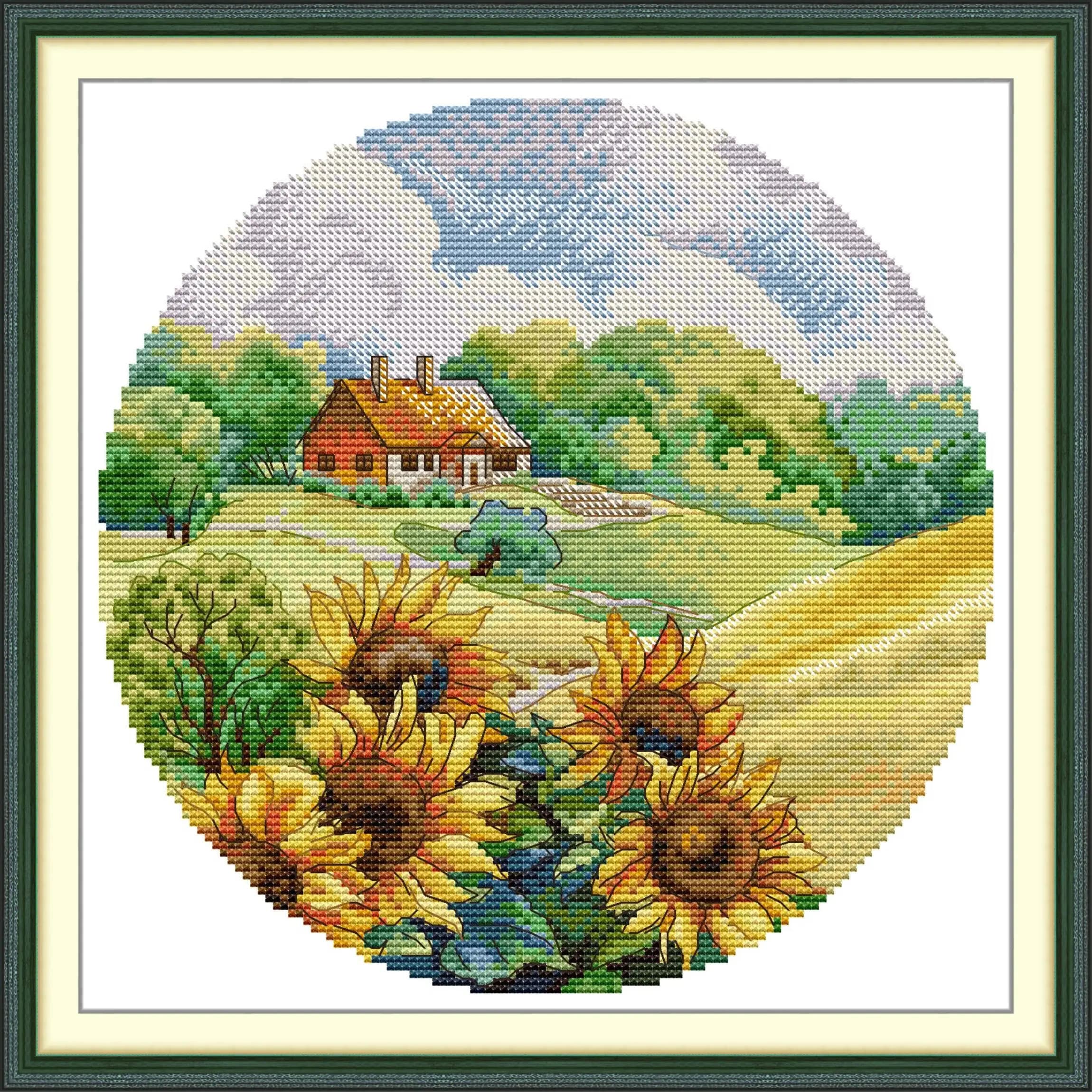 Soulgift News Kit punto croce prestampato, tessuto Aida stampato con fili DMC, kit ricamo - Cottage girasole