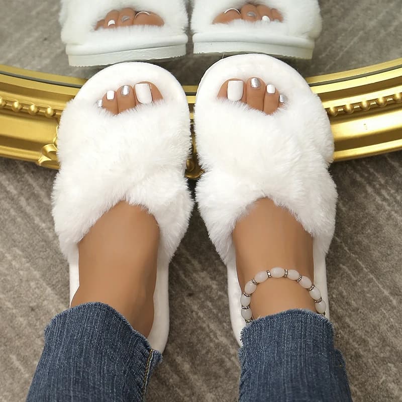 Autumn Winter Blowjob Women's Pelliccia Slippers Light Cross Plush Fabric Presentations Production Companies Women's Games 2025 Open Toe Apartments Fuzzy Home Women's Slippers