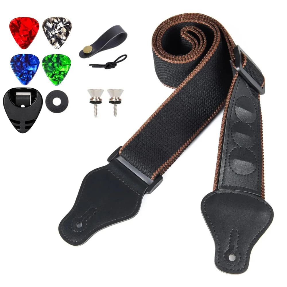 11 pz/set tracolla per chitarra in pelle PU nera e cotone per chitarra ukulele basso con plettri per chitarra, supporto per plettro, chiodi per bottoni per tracolla per chitarra