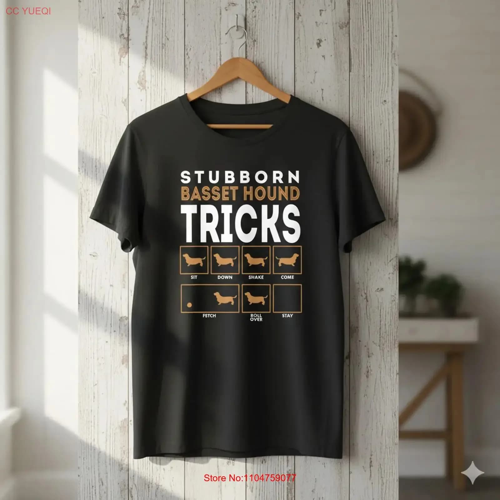 Maglietta divertente per amanti dei cani Stubborn Basset Hound Tricks, nera S054, streetwear vintage lavato, top comodo per l'uso quotidiano
