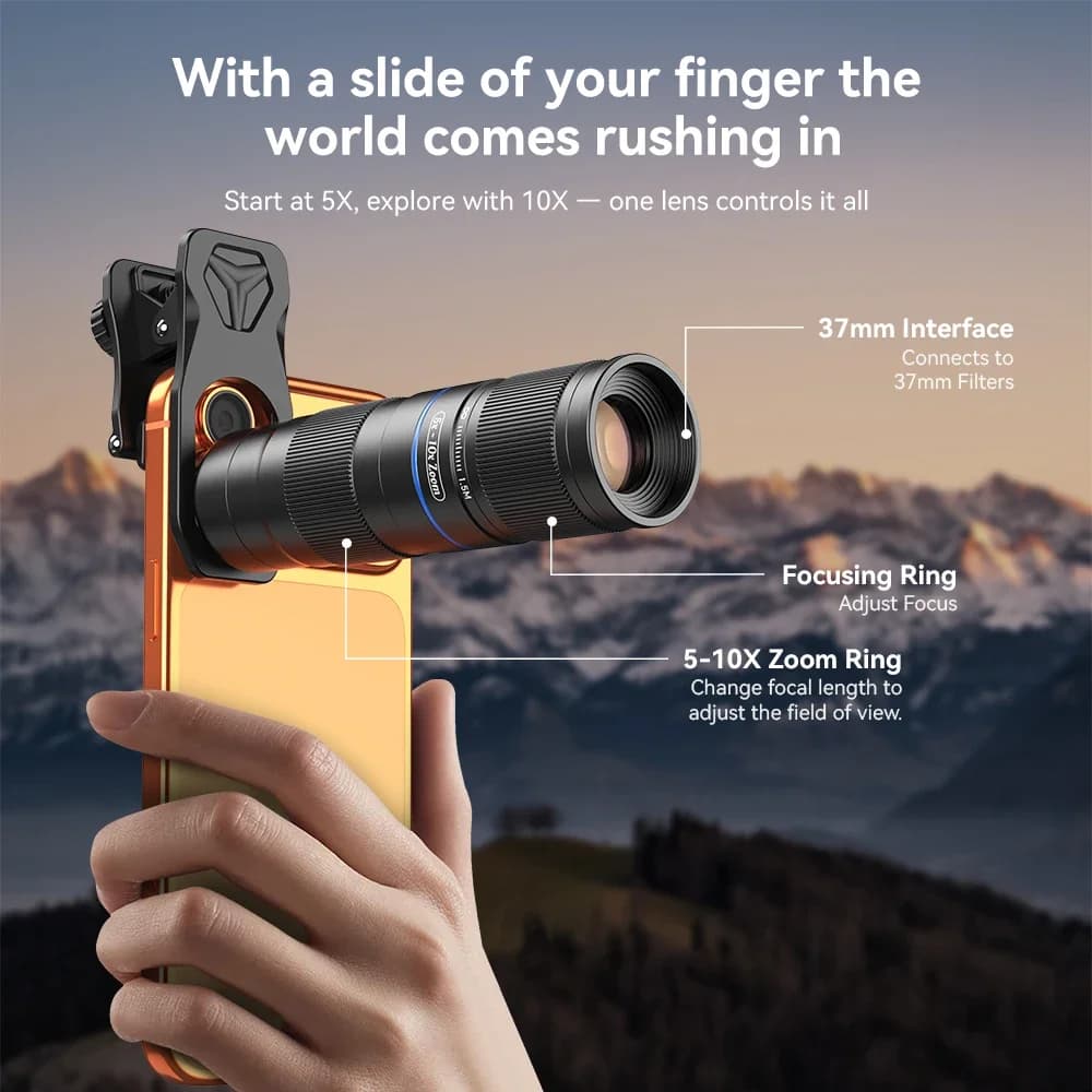 Obiettivo Teleobiettivo APEXEL 5-10x Zoom Interamente in Metallo - Telescopio Monoculare per Concerti e Eventi Sportivi, Accessorio per Smartphone