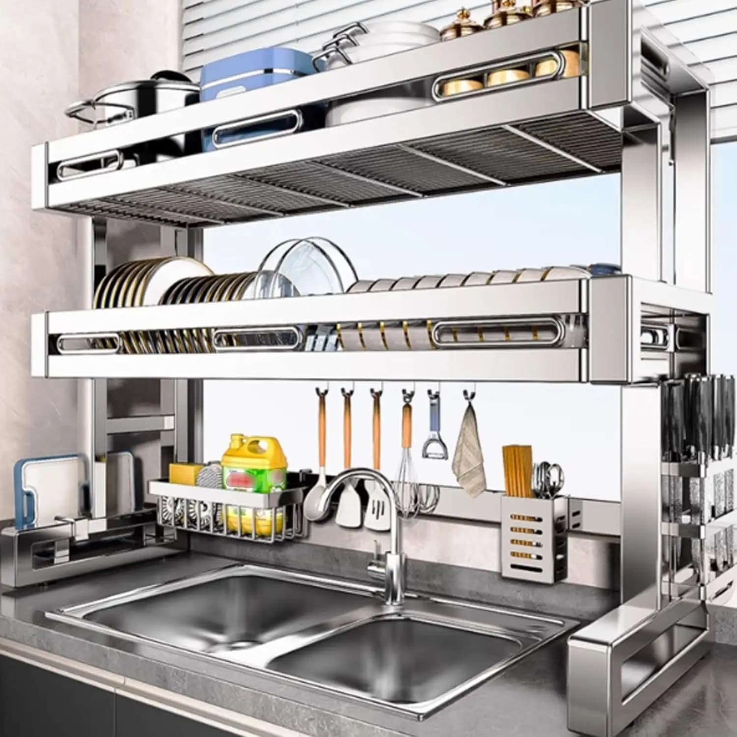 Stendino scolapiatti a 2 livelli sopra il lavandino, organizer da appoggio da cucina multifunzionale in acciaio inossidabile 304 con ventosa