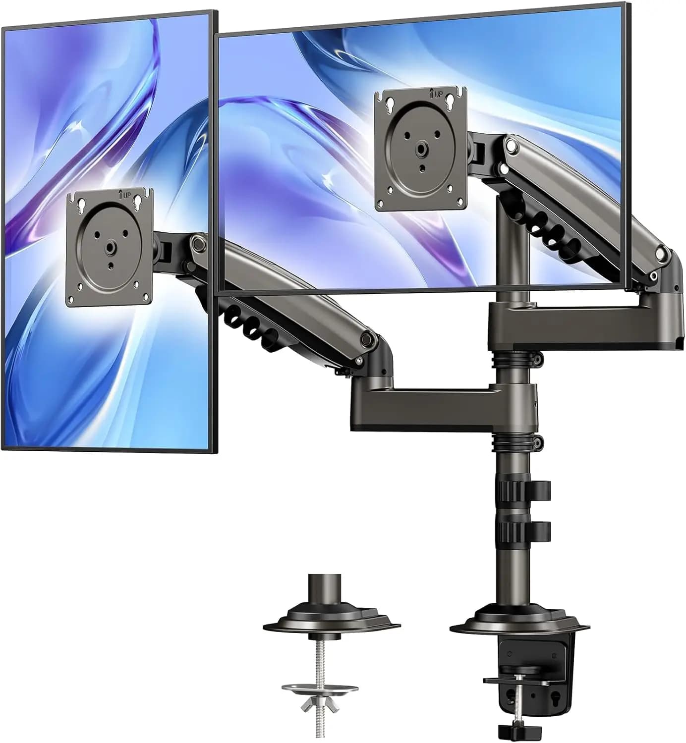Support for double monitors for 17-32 inch screens, adjustable tilt/turn/rotation, maximum weight 19,8 lbs, VESA compatible