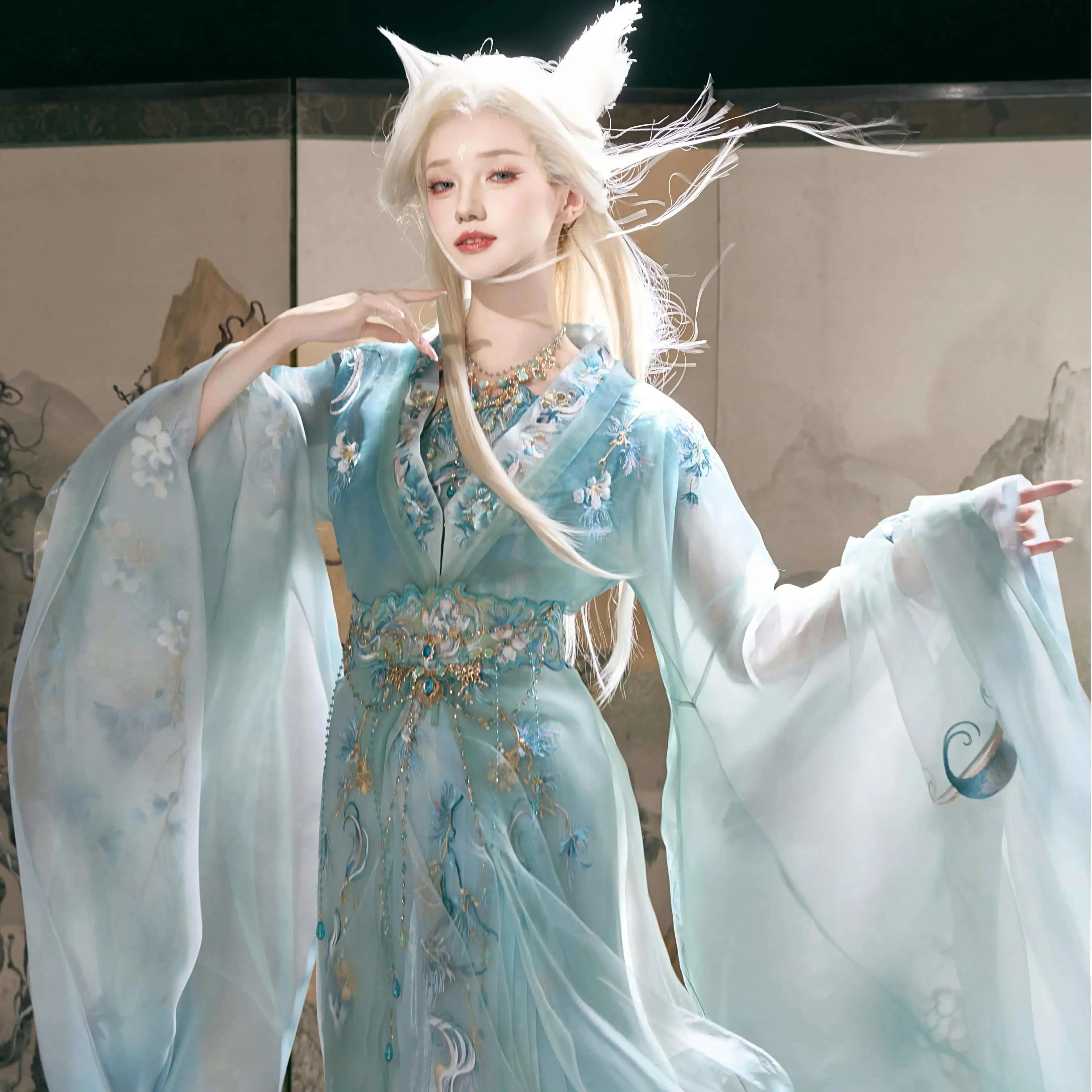 Nuova Fiesta Carnevale Halloween Cos Cosplay Hanfu Womensfashion Trasparente Vento Freddo Qingqiu Ricamo Stedi di Guerra Veste Migliora