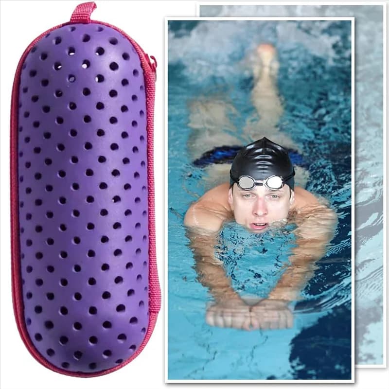 Dark blue swim goggle case, protective case for goggles with clip, drain hole, zippered goggle case, durable and easy to install