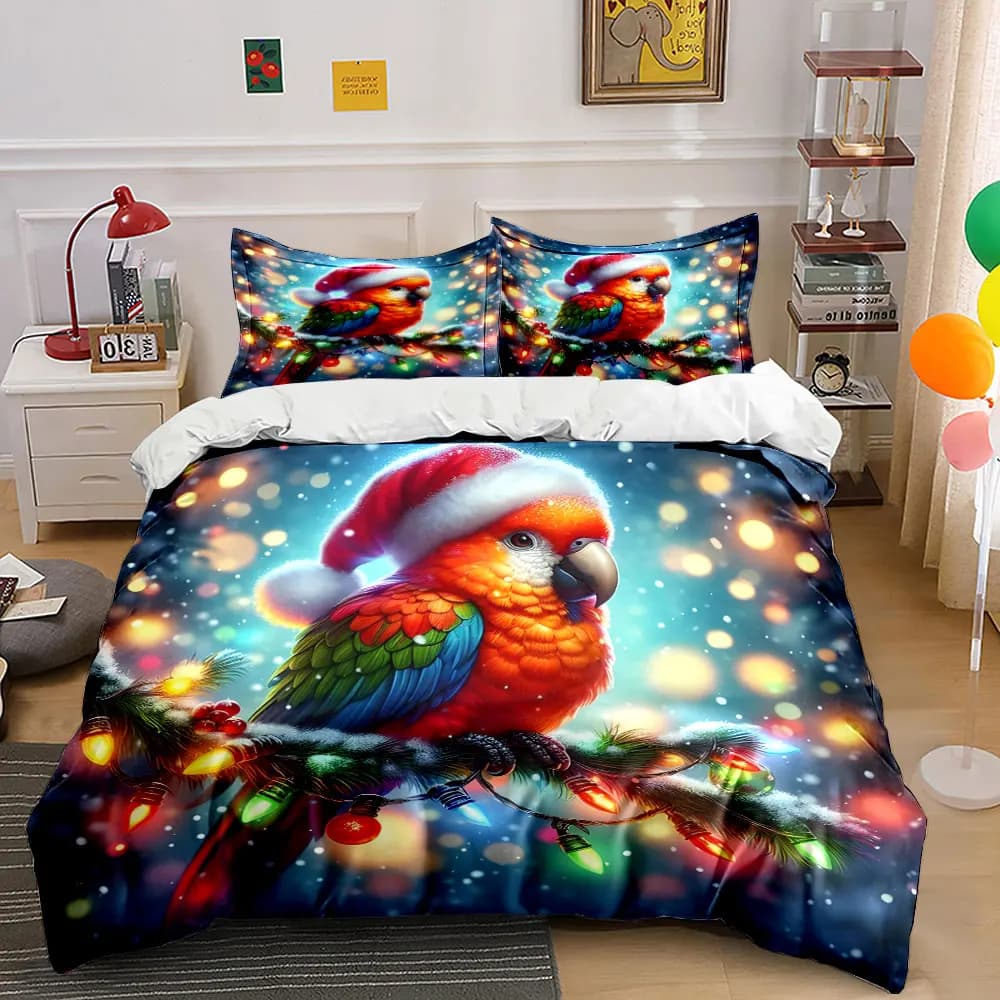 Set copripiumino stampato con pappagallo colorato e luci natalizie, 1 copripiumino + 2 federe, decorazione per camera da letto in diverse misure