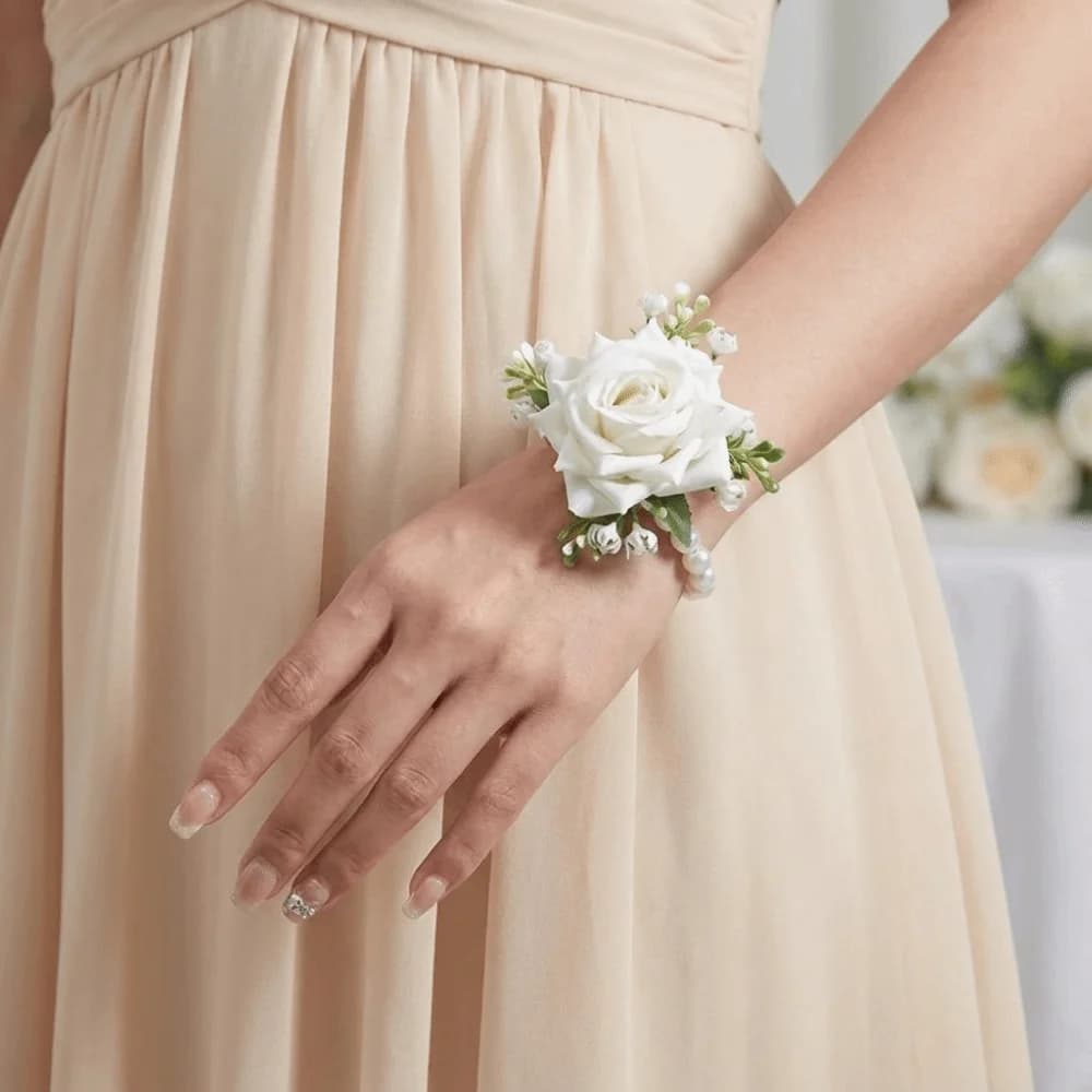 Set di 6 Fiori Artificiali a Forma di Rosa, Fiore da Polso in Seta, Bellissimo Corsage per Damigelle, Raffinato Braccialetto per Damigelle, Cena di Gala