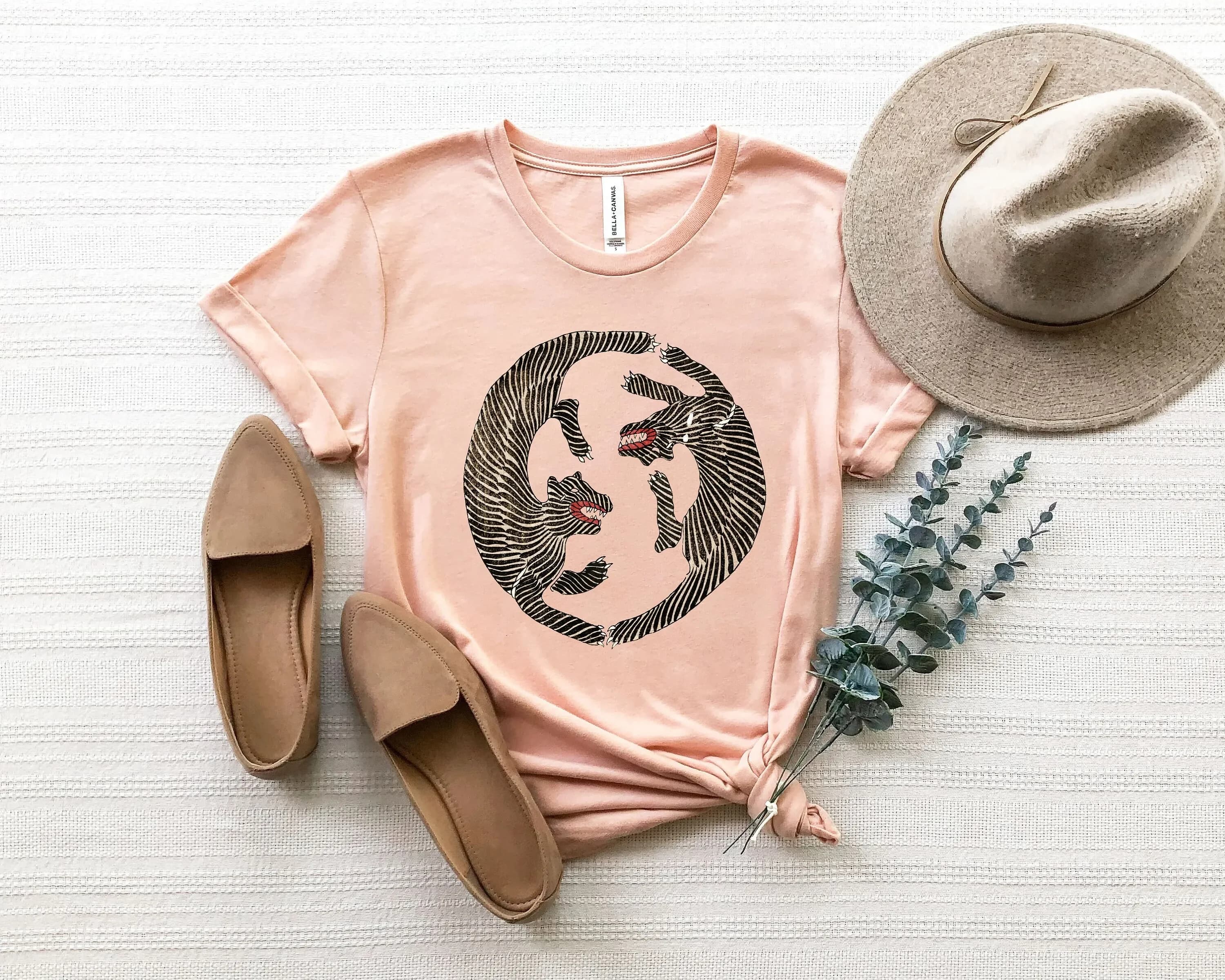 Wood Block Tiger T Shirt Japanese Tropical Jungle Retro Botanical Oversized Vintage