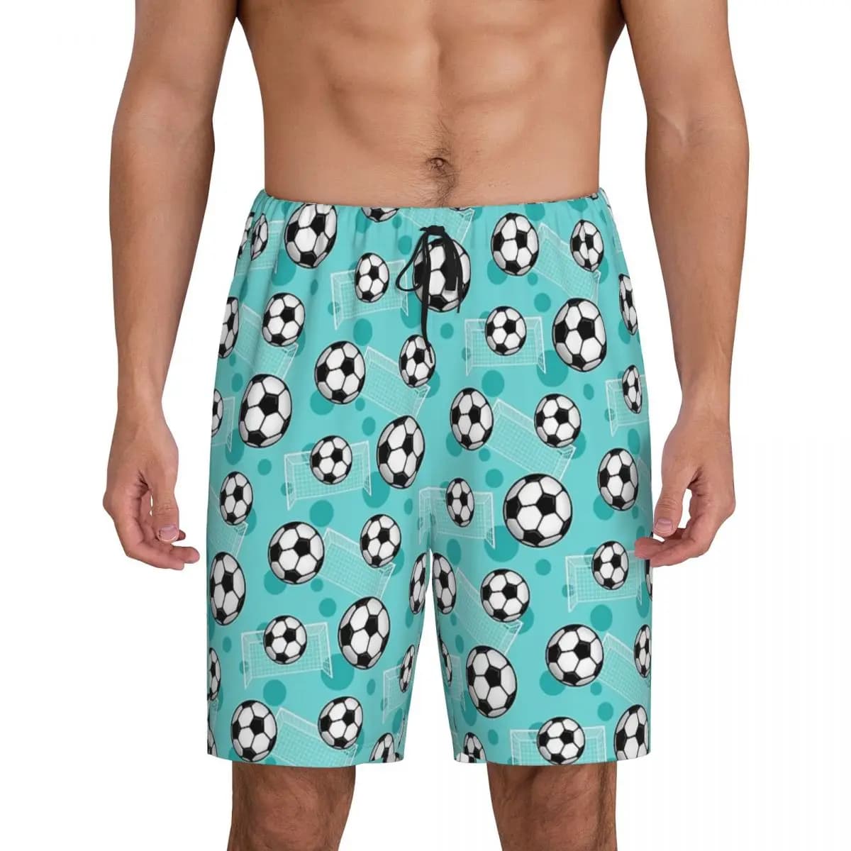 Pantaloni corti da pigiama da uomo con motivo teal a tema calcio e porta da calcio - Pantaloncini da notte e da casa in tinta teal