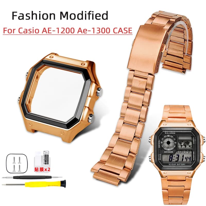 Ae1200 Oro rosa per casio Kit cassa in metallo modificato AE-1200 Ae-1300 Lunetta cinturino in vetro Anello cinturino in acciaio inossidabile Accessori