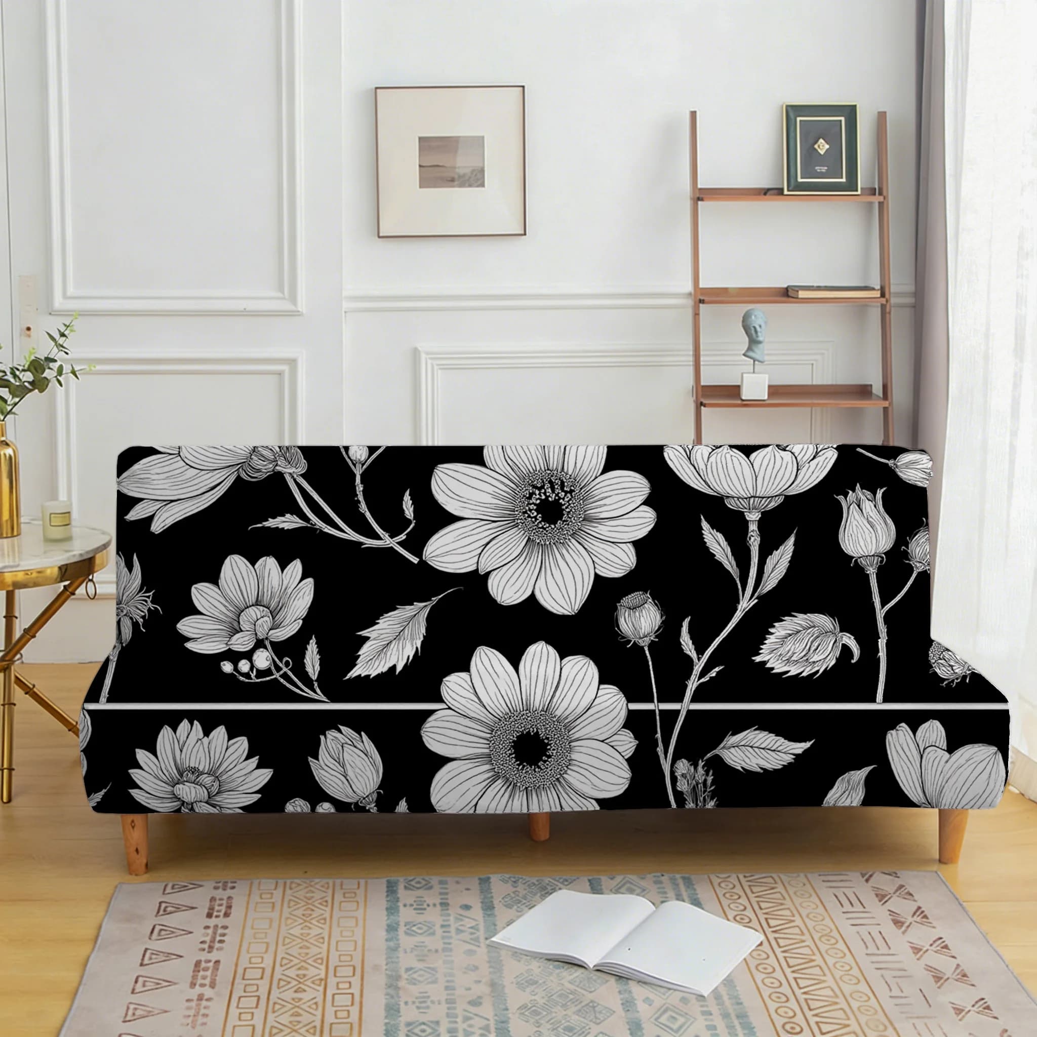 White and black striped covers, elastic sofa cover without armrests, anti-dust protective cover and anti-slip for furniture