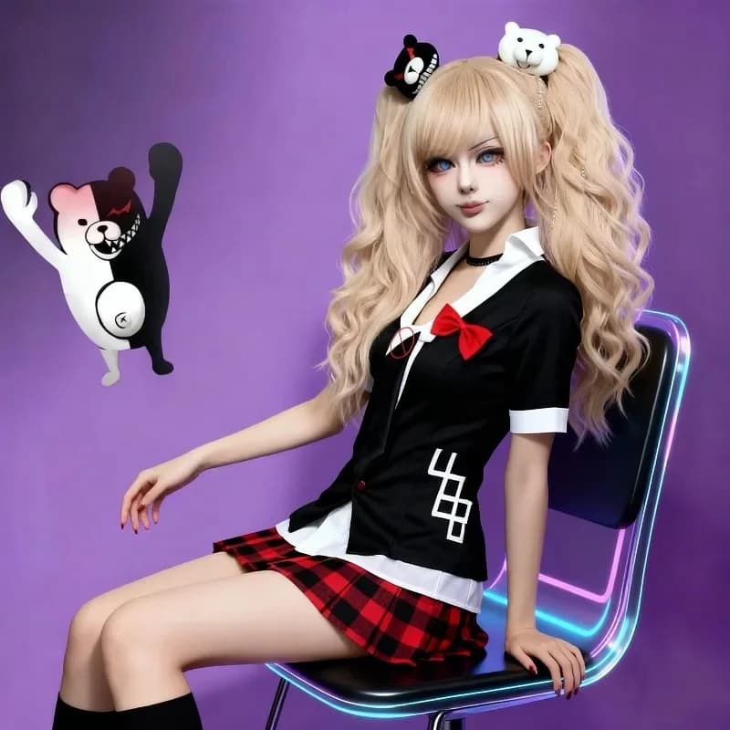 2026 New Halloween Cosplay Costume Anime Game Danganronpa Enoshima Junko Uniform Cafe Work Clothe Short Skirt Monokuma Hea AABA