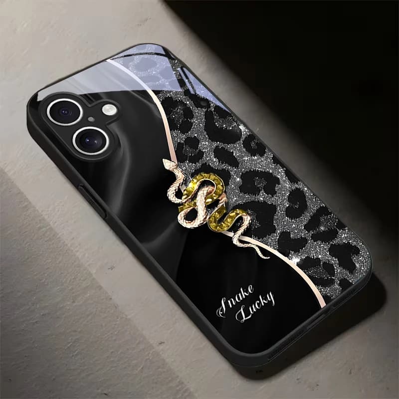 Leopard print rose snake Black Glass Phone Case For iPhone 17 Air 16 E 15 Plus 14 Pro Max 13 12 mini 11 5 6 7 8 Plus XR SE Cover
