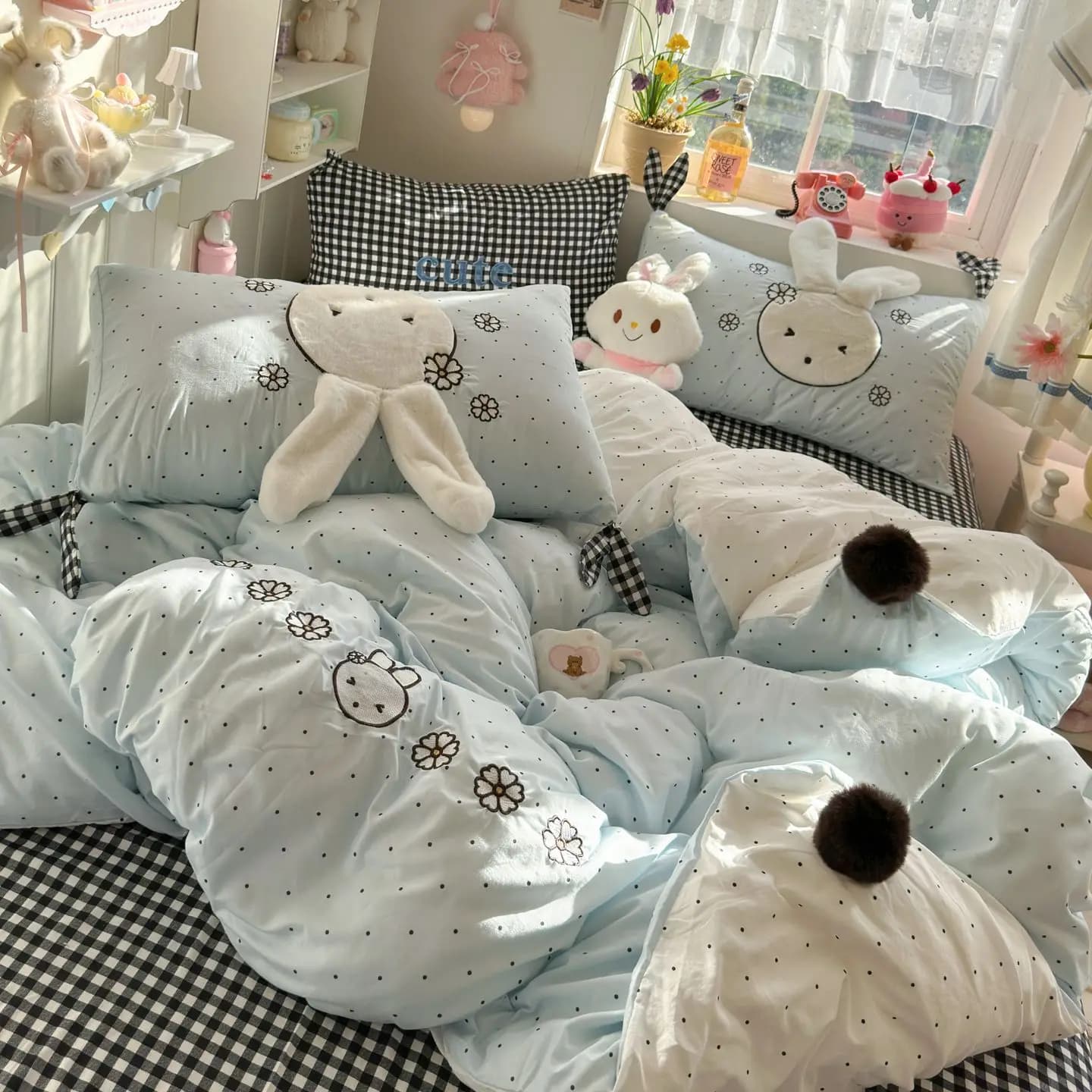 Set di Biancheria da Letto in Cotone Lavato con Applicazioni Mimi Miffy, Quattro Pezzi, Copripiumino e Lenzuola per Ragazze, Set Tre Pezzi per Dormitorio con Motivi Cartoon