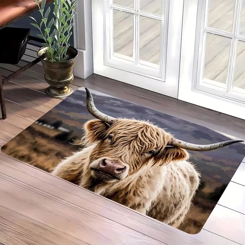 Realistic Highland Cow Portrait Door Mat Non Slip Floor Rug Fluffy Scottish Cattle Animal Print Entrance Carpet For Farmhouse