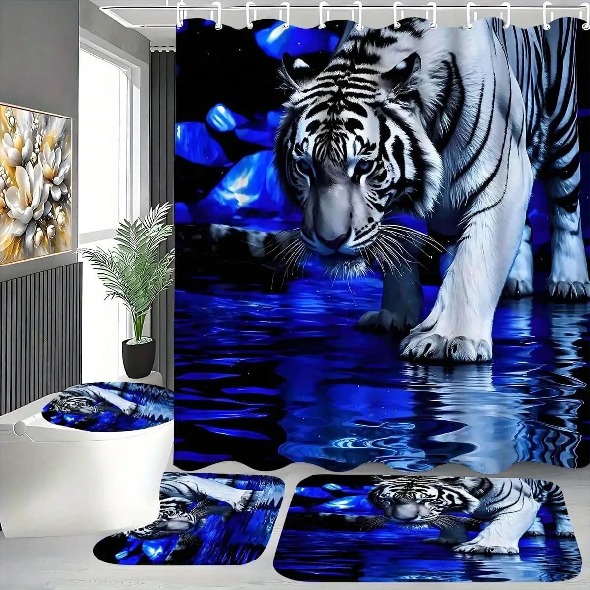 1/4pcs Bathroom Sets, Innovative Blue Water White Tiger Bathroom Additions - Polyester Shower Curtain, U Shape, Includes 12 Sturdy Hooks - Contemporary Design, Premium Quality Bathroom Items Suitable for Any Season, Easy to Clean