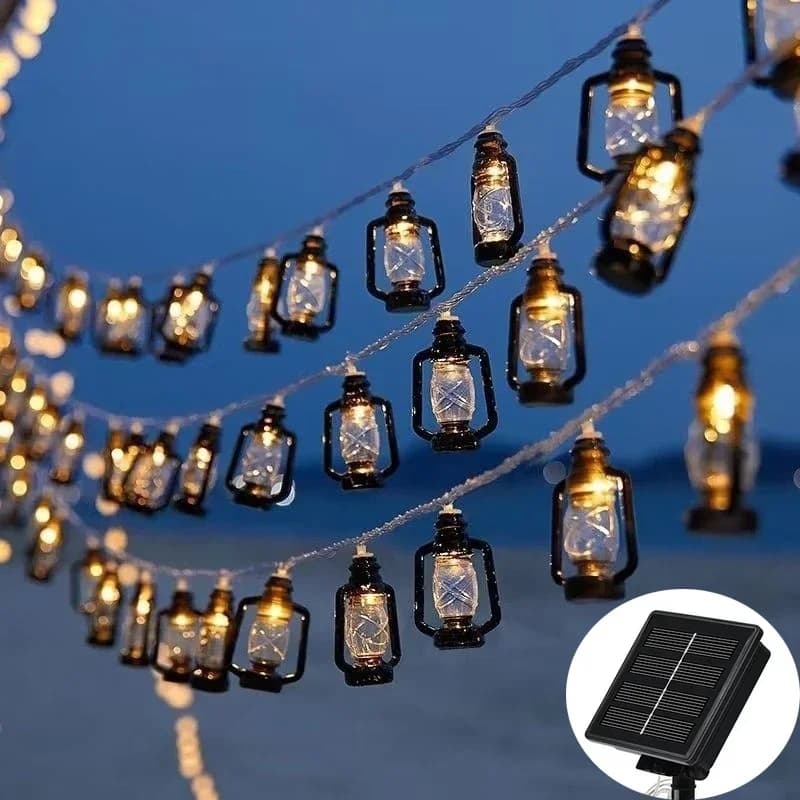 LED solare mini retro cherosene stringa luce Eid Mubarak stella luna palazzo lanterna Ramadan decorazione di Halloween fata luce