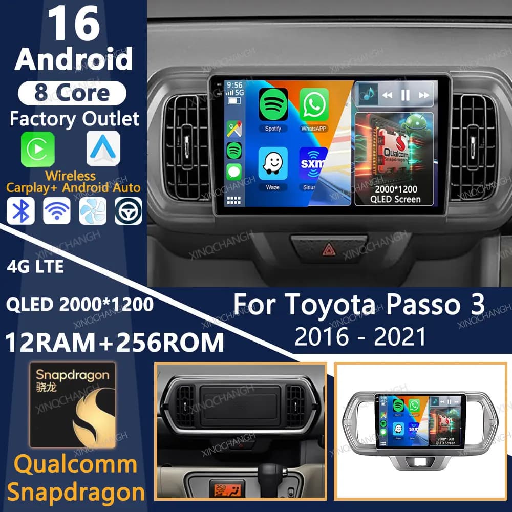 Android 16 Car Radio For Toyota Passo III 3 2016 - 2021 Multimedia Video Player 2DIN Carplay Auto QLED 4G WIFI GPS Head Unit BT