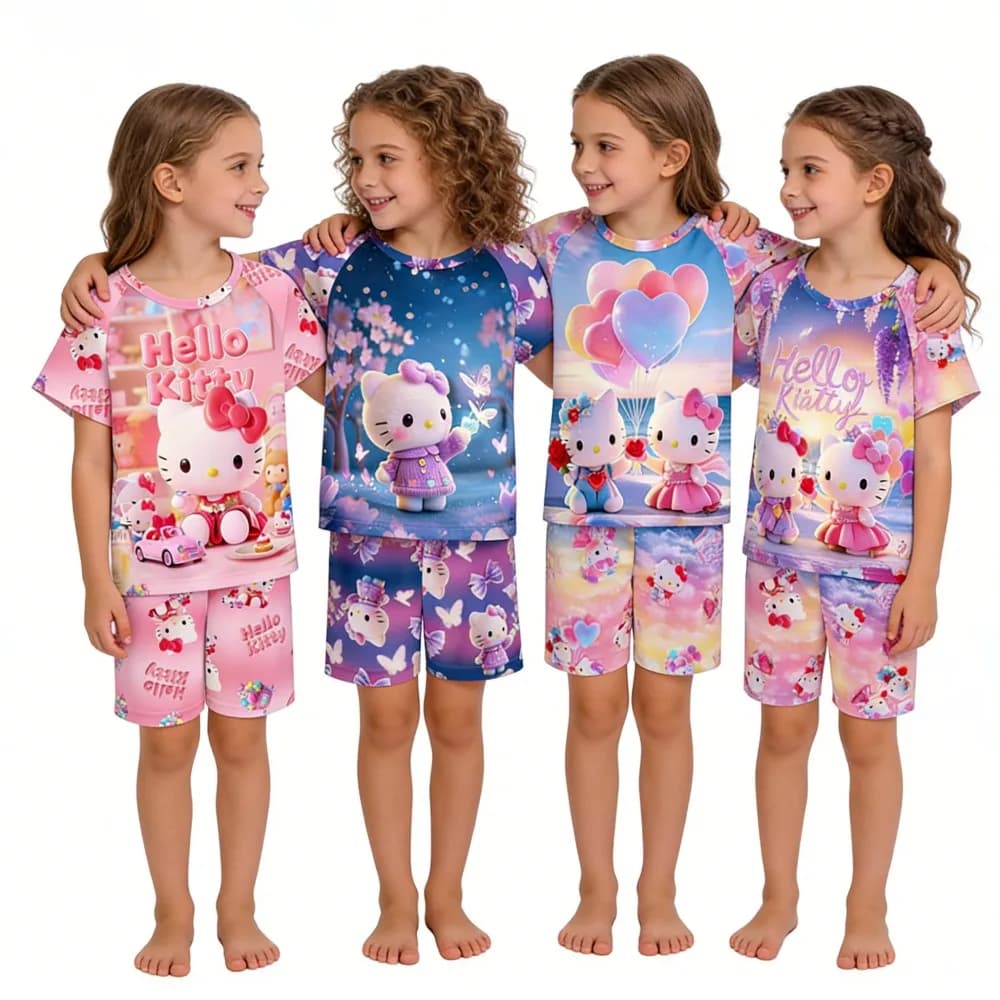 Set pigiama per bambini Hello Kitty, t-shirt estiva a maniche corte per ragazze, pantaloncini, 2 pezzi, pigiama per bambini, cartoni animati, abbigliamento per la casa, 2-14 anni
