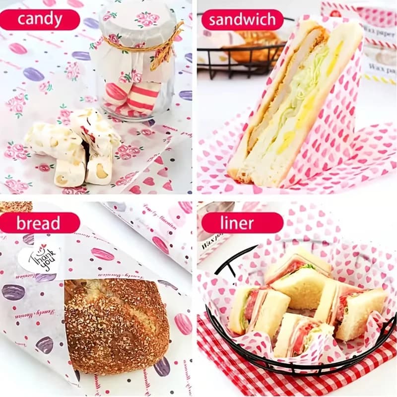 NUOVO Set da 50 Fogli di Carta Cerata per Alimenti con Motivi Floreali e Fragole, Quadrati Antiaderenti per Torte, Hamburger e Patatine