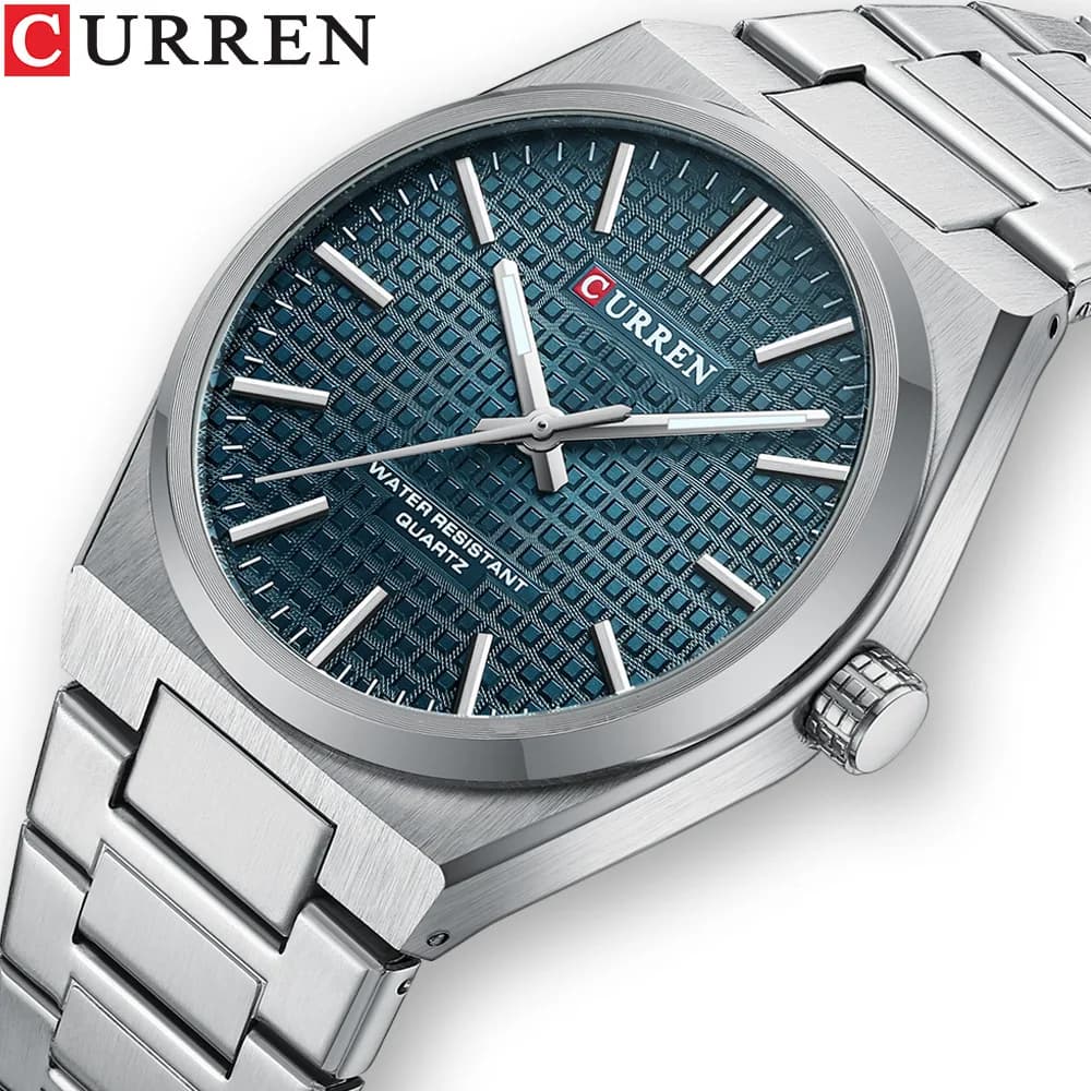 CURREN 8439 Men's Quartz Watch for Business, Design Minimalist with Grid Pattern, Stainless Steel Strap and Calendar Function
