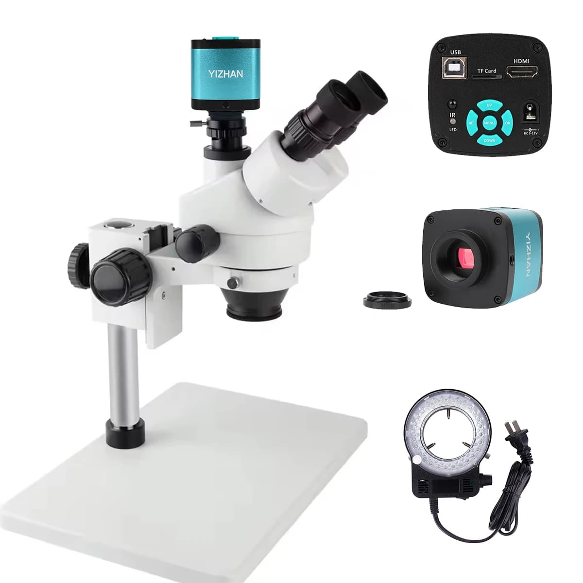 Microscopio stereo trinoculare educativo con luce ad anello a led per fotocamera 7X-45X HD 48Mp per la riparazione di telefoni cellulari Riparazione PCB industriale