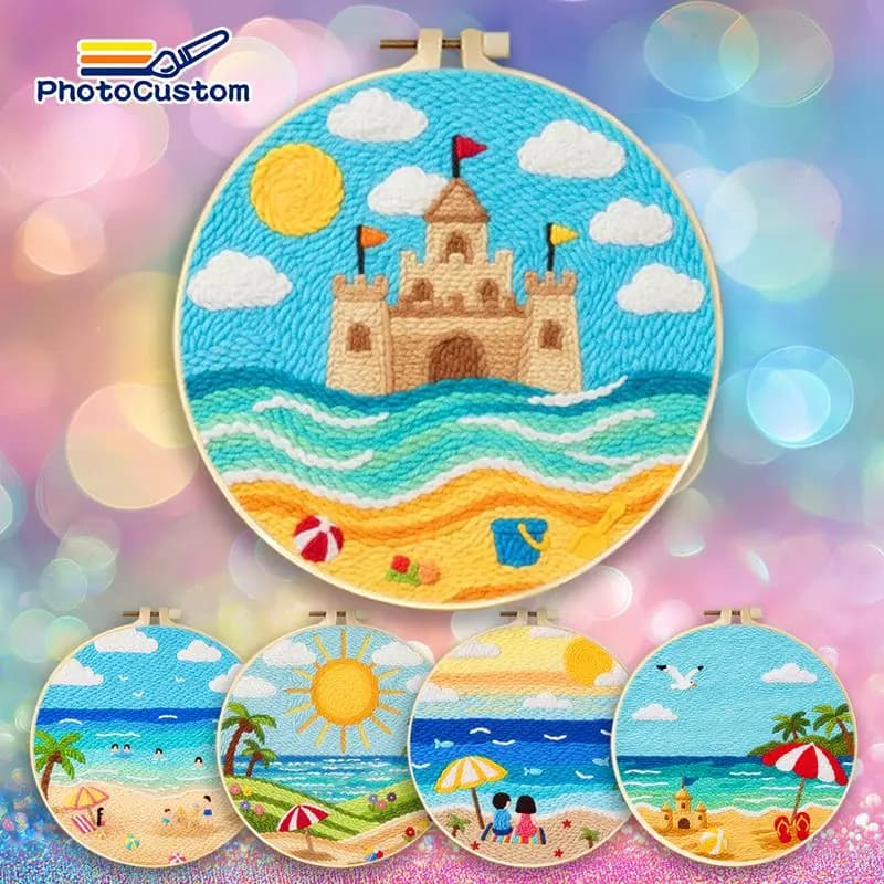 PhotoCustom Castle Punch Needle Frame Create Wall Art Embroidery Kit Landscape Needle Punch Kits For Adults Threader, Yarns, Rug