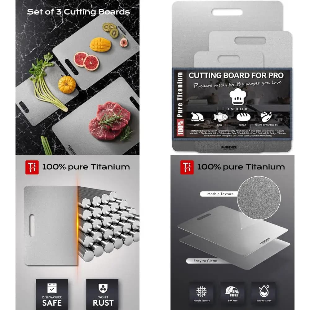 Set tagliere da cucina in titanio, 3 pezzi, puro grado alimentare, non tossico, lavabile in lavastoviglie, facile da pulire, da 10 a 16 dimensioni