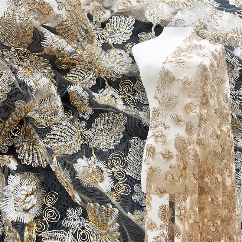 2 Yds 150cm Wide Apricot Lace Tulle Fabric with Bone Cord Floral Pattern & Sequins for Bridal Wedding Gowns & Dresses F062