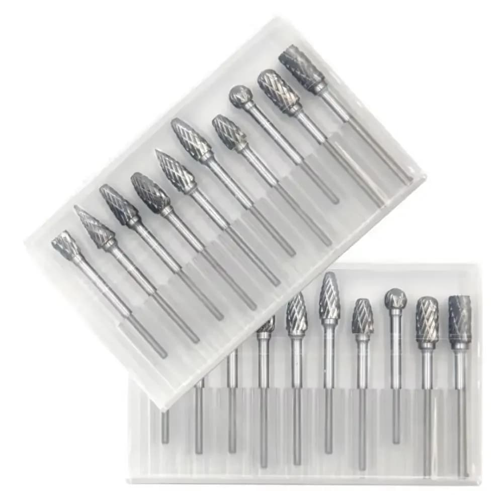 10PCS Carbide Rotary Burr Set 3mm Shank Double Cut Grinding Bits Carving Tool for Wood Metal Stone Tile Polishing DIY Drill