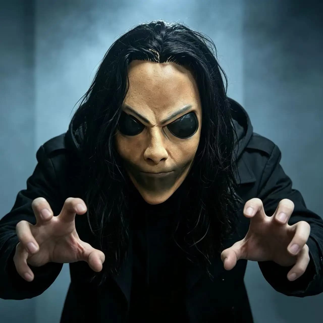 Adult Spooky Horror Full-Head Latex Mask with Long Black Hair Realistic Fugitive Cosplay Prop for Halloween Costume Party