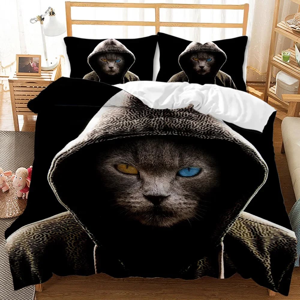 Set copripiumino per gatti Gatto fresco nel cappello con occhi affilati Set biancheria da letto doppia per animali Biancheria da letto Queen King Size Copripiumino in poliestere