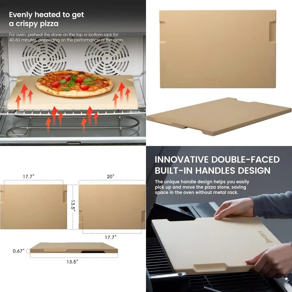 Pietra per Pizza Rettangolare 20x13.5 per Forno e Griglia - Perfetta per Cuocere Pizza e Pane con 4 Maniglie Integrate
