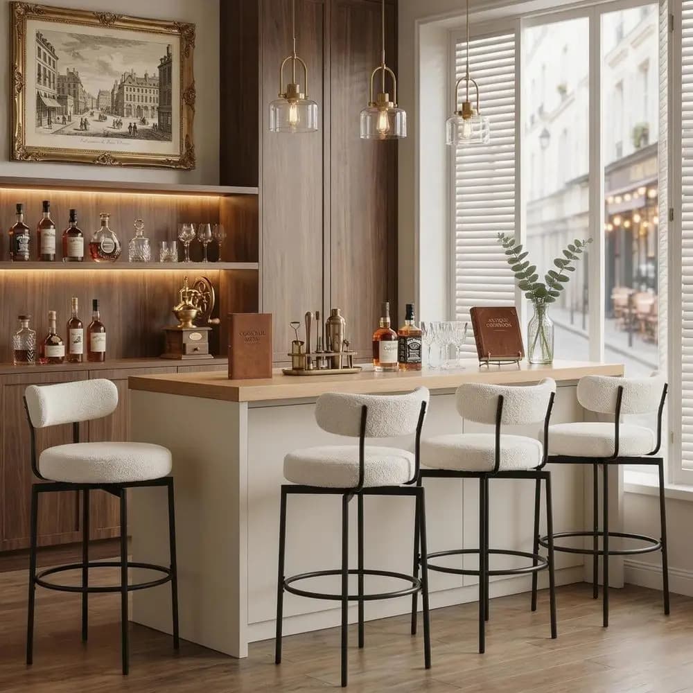 Set di 4 Sgabelli da Bar Alti con Schienale e Gambe in Metallo, Sedie da Cucina in Tessuto Sherpa Bianco con Poggiapiedi