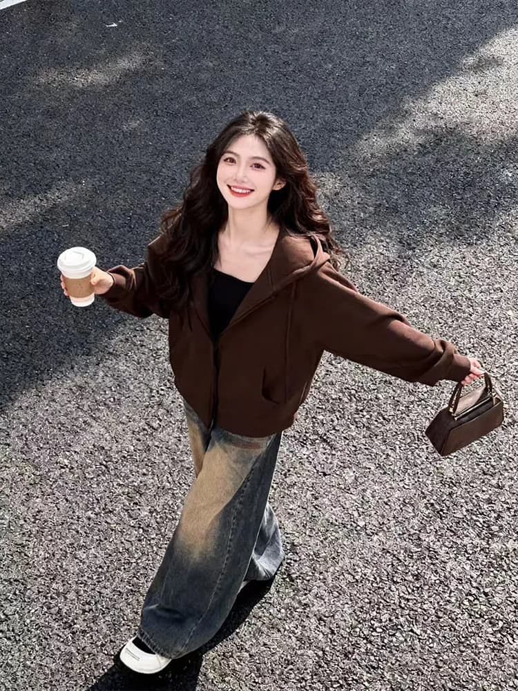 Retro Loose Hoodie Jacket Coffee Color Denim Wide Leg Pants Women's Spring High Waist Long Sleeve Short Length Casual Set