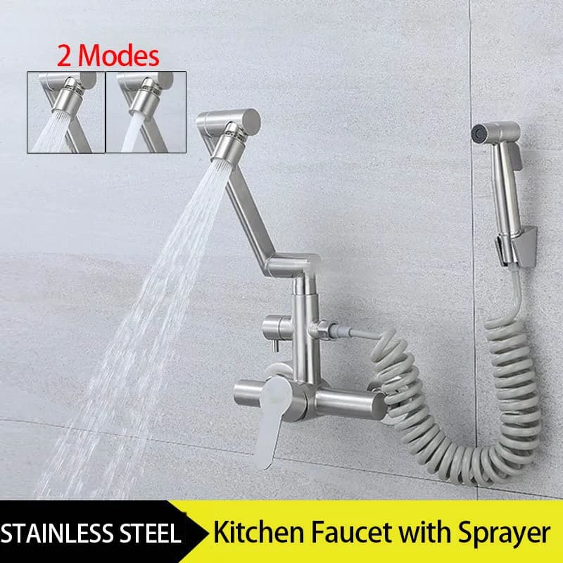 Wall Foldable Kitchen Faucet with Sprayer, Hot Water Mixer and Cold Stainless Steel, 360 Degree Free Rotation for Washers