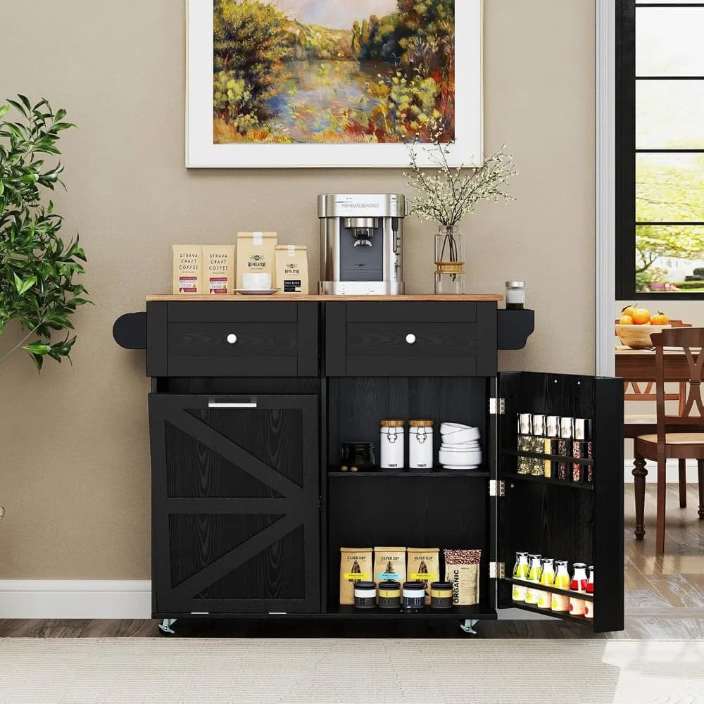 Isola da Cucina Mobile, Carrello da Cucina con Piano Ribaltabile, Armadietto per Rifiuti, Cassetti, Portasciugamani e Portaspezie, Personalizzabile