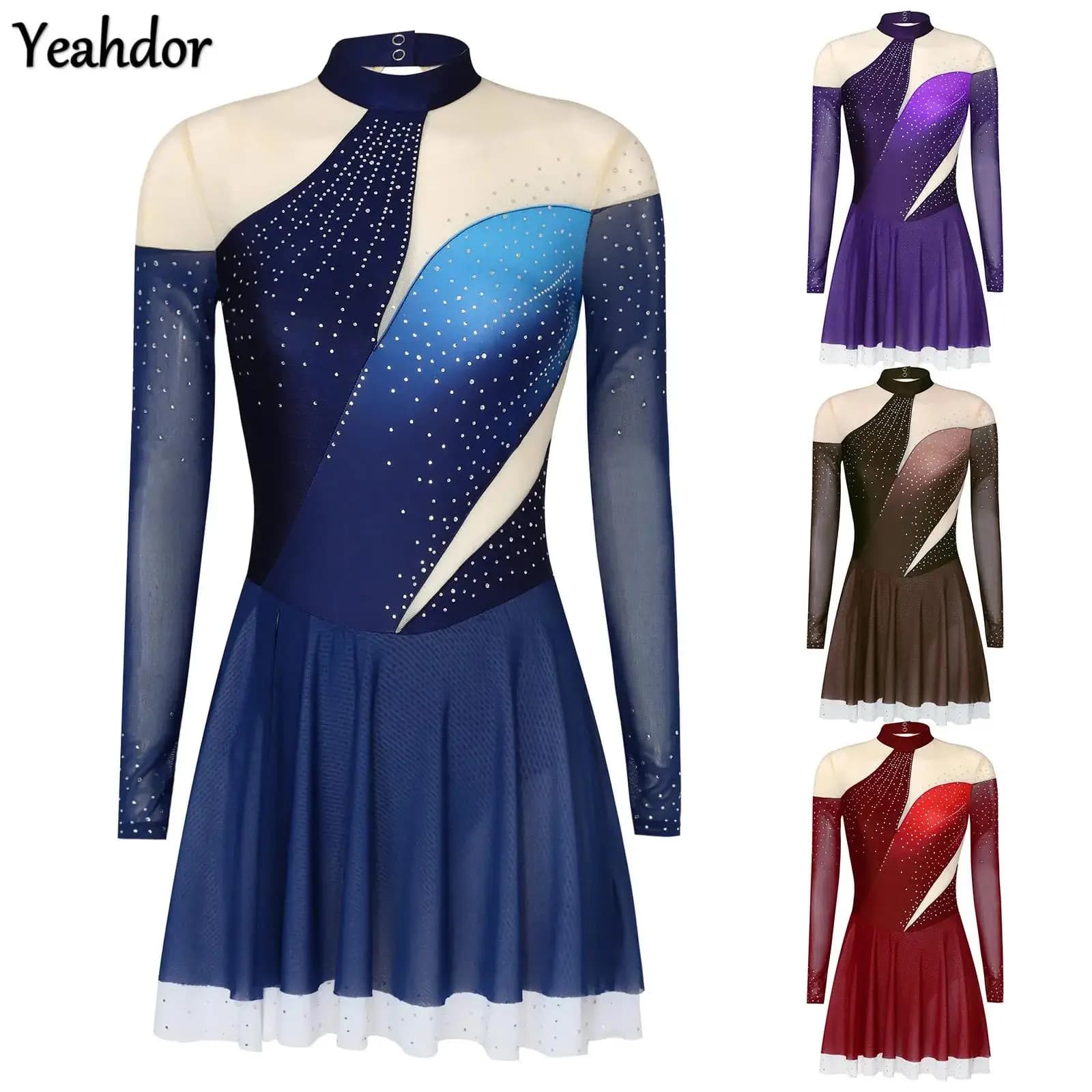 Abito da pattinaggio artistico su ghiaccio da donna, patchwork di colore sfumato, maglia trasparente, manica lunga, strass, body da ginnastica lirica