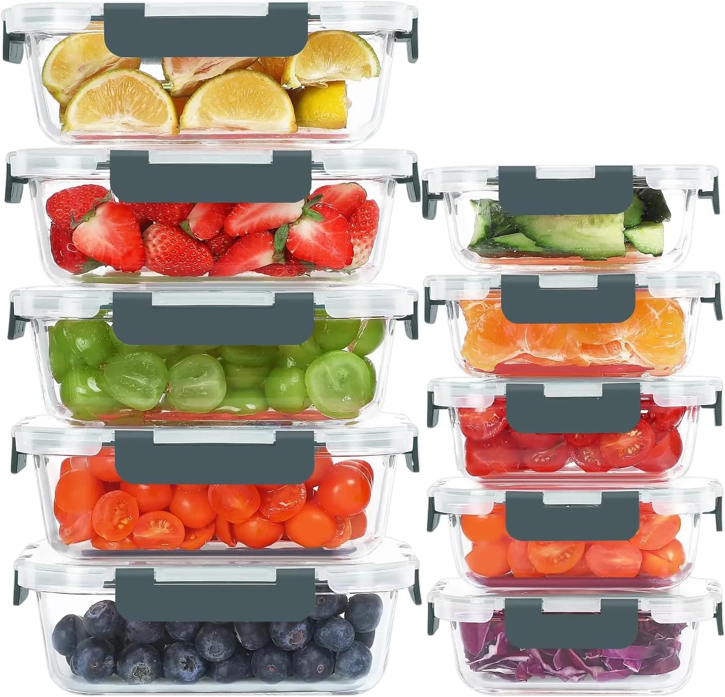 Set di 10 Contenitori in Vetro per Alimenti, Contenitori per Preparazione Pasti con Coperchi, Scatole Ermetiche in Vetro per Pranzo, Adatte per Freezer, Forno e Microonde