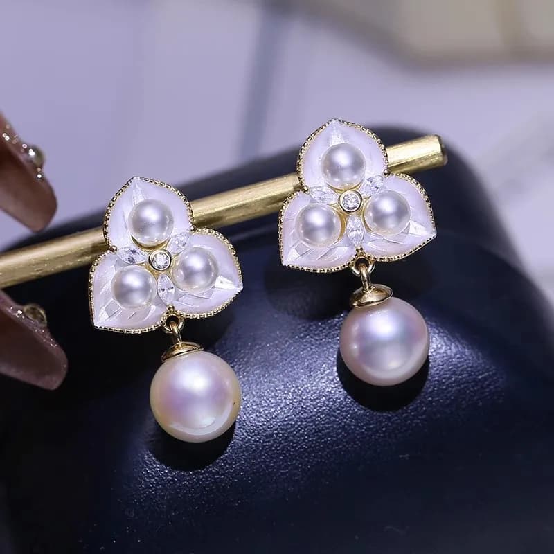 MeiBaPJ Pendant earrings with fashionable flowers with 8 mm natural round pearls, 925 silver wedding jewelry for women