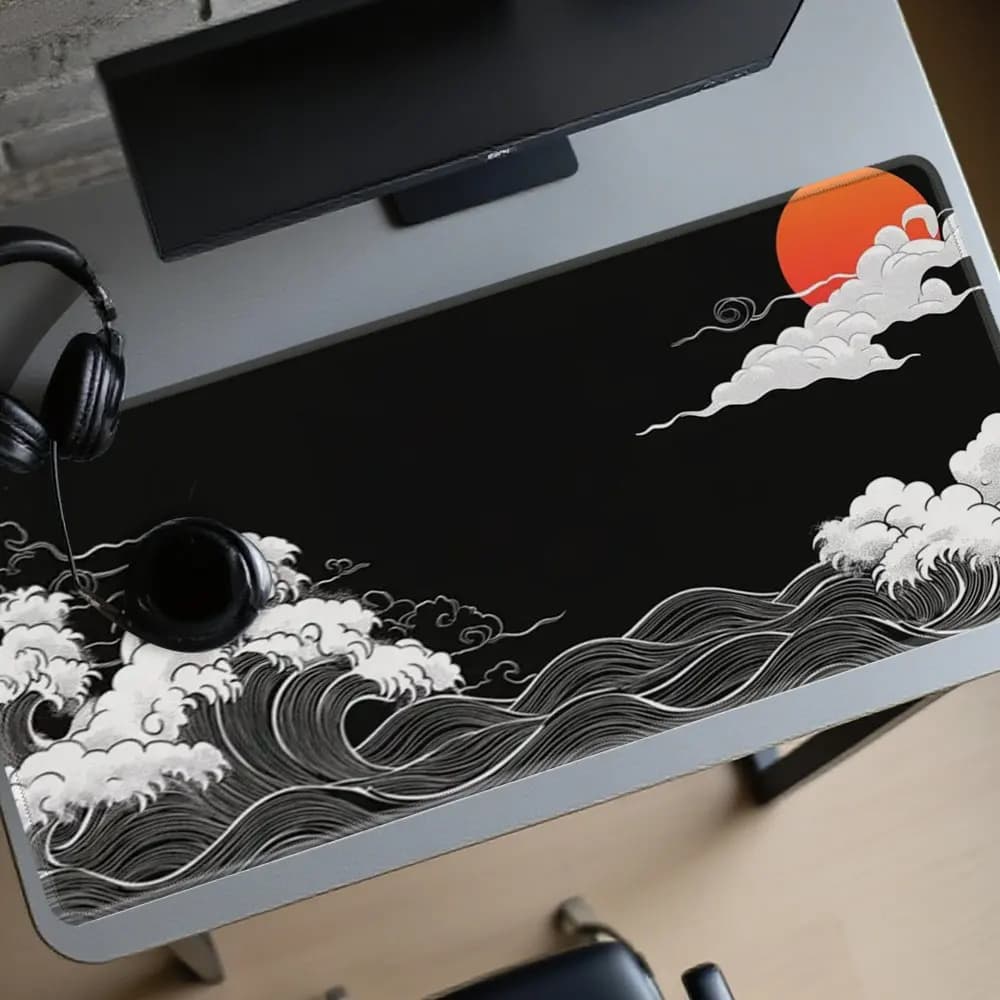 Tappetino per mouse con motivo Ocean Wave Red Sun, tappetino da scrivania per giochi, base in gomma antiscivolo, tappetino per mouse grande per PC, laptop, ufficio