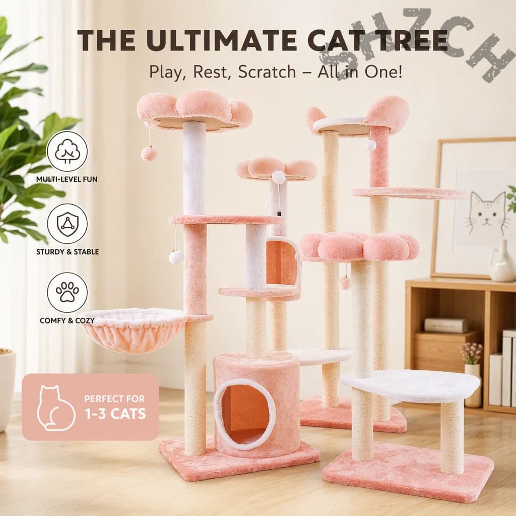 Cherry Blossom-Themed Cat Tree with Scratching Posts, Perches, and Play Platform for Climbing, Scratching & Resting