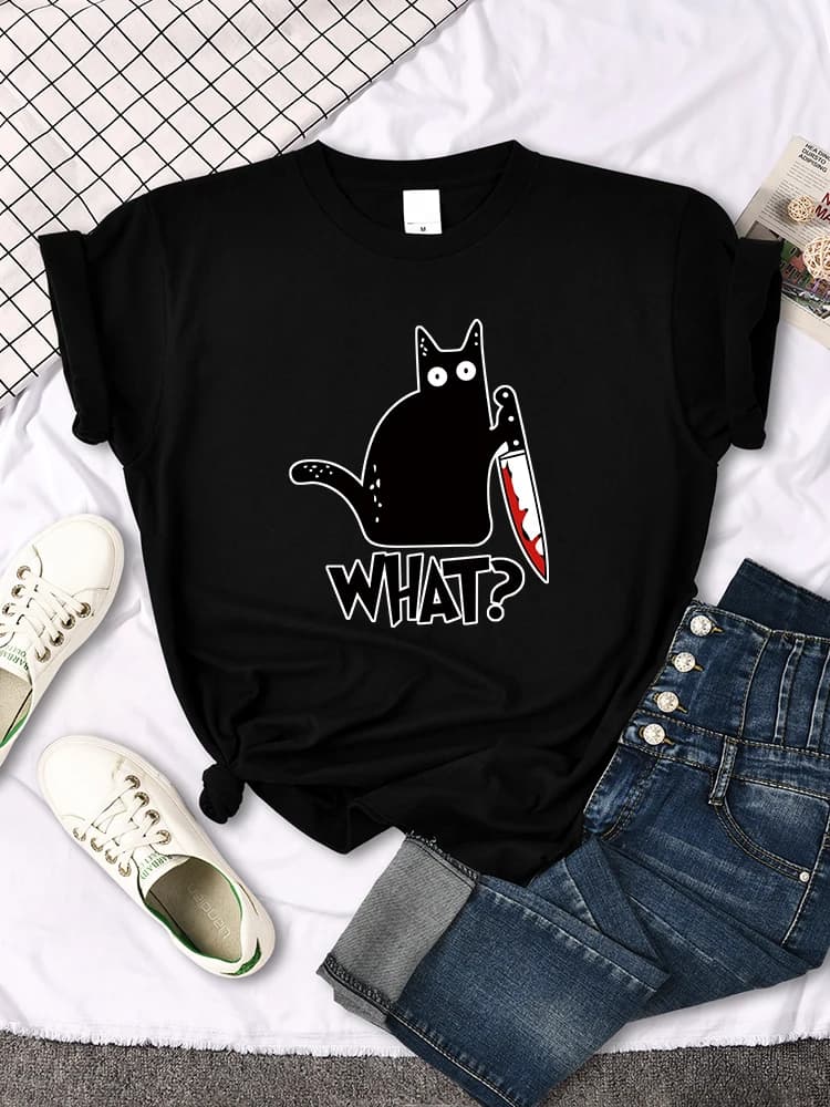 T-shirt donna Little Black Cat And Knife magliette da donna Hip Hop Harajuku magliette per donna magliette moda manica corta