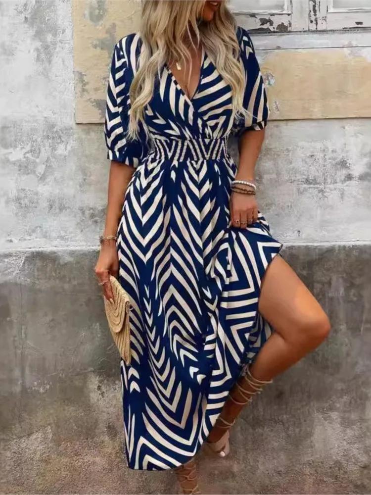 Casual Boho Long Dress For Women Summer Sexy V Neck Short Sleeve High Waist Print Dress Female Elegant Fashion Maxi Vestidos