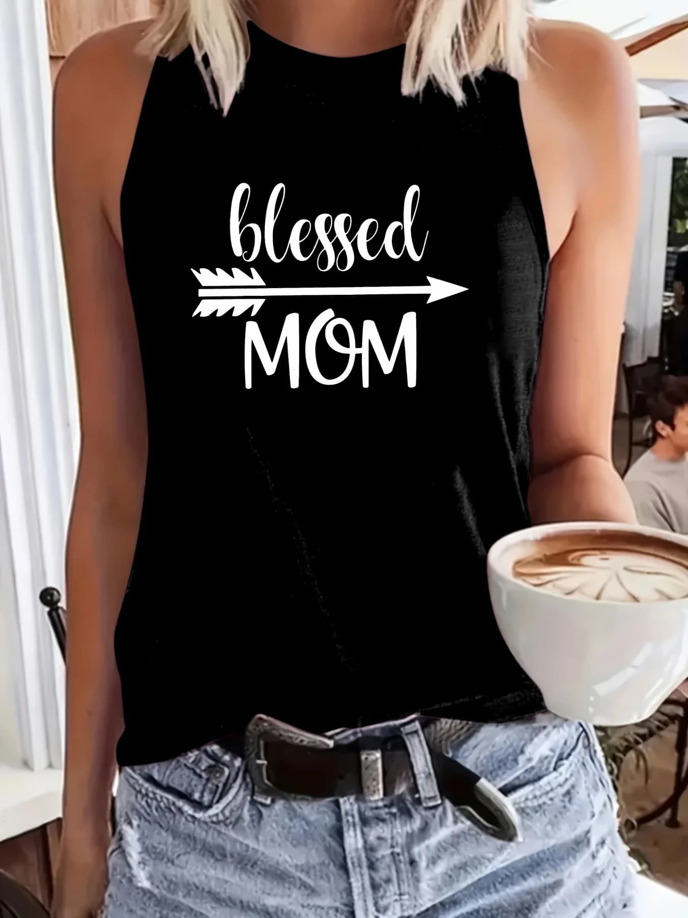Canotta da donna taglie forti con stampa Blessed Mom Arrow Design, regalo per la festa della mamma, top estivo per vacanze al mare, top estivo alla moda da donna