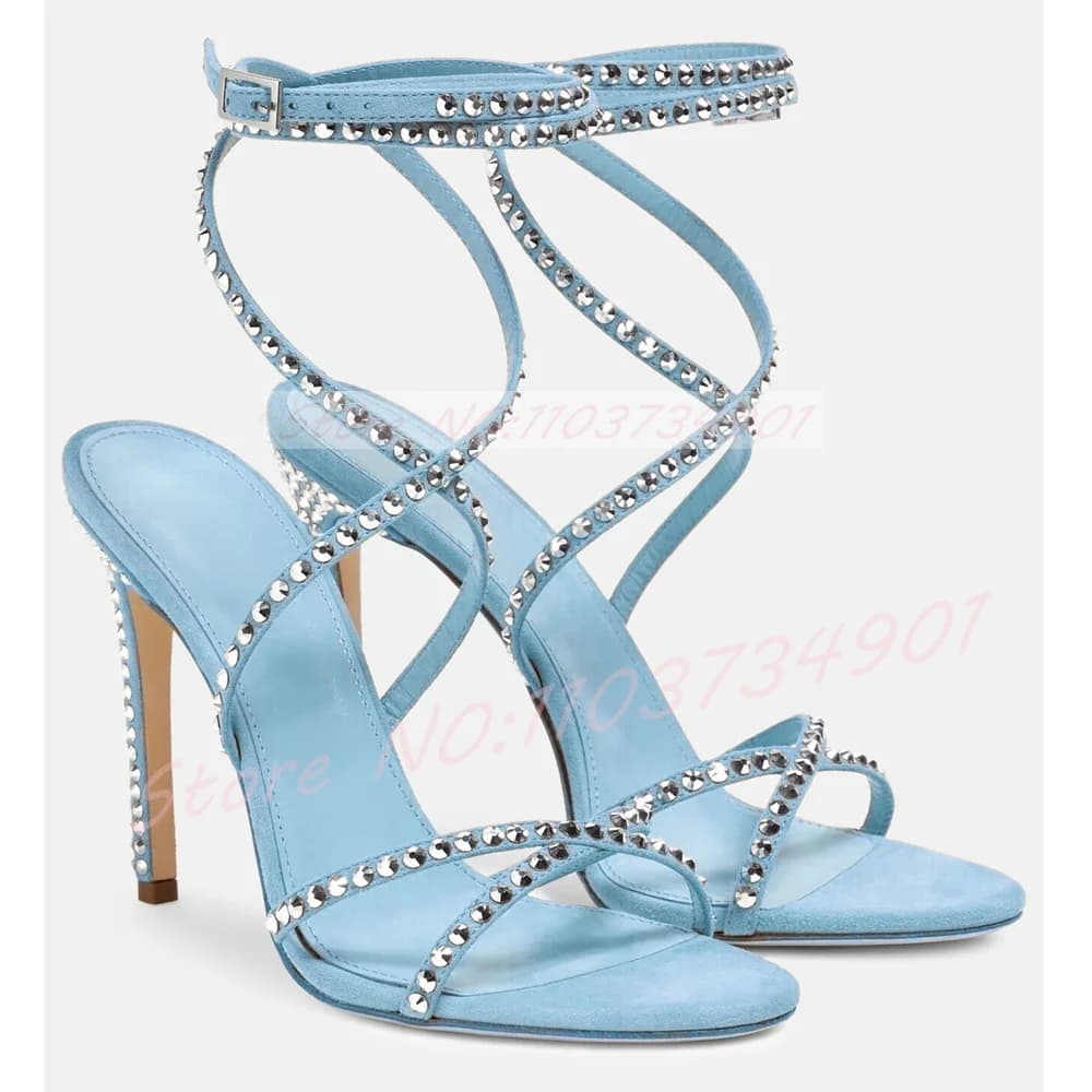 Crystals Cross Strap Sandals Women Sexy Buckle Tie Open Round-Toe Crisscross Vamp Gems Blue Suede Evening Dress High Heels Shoes