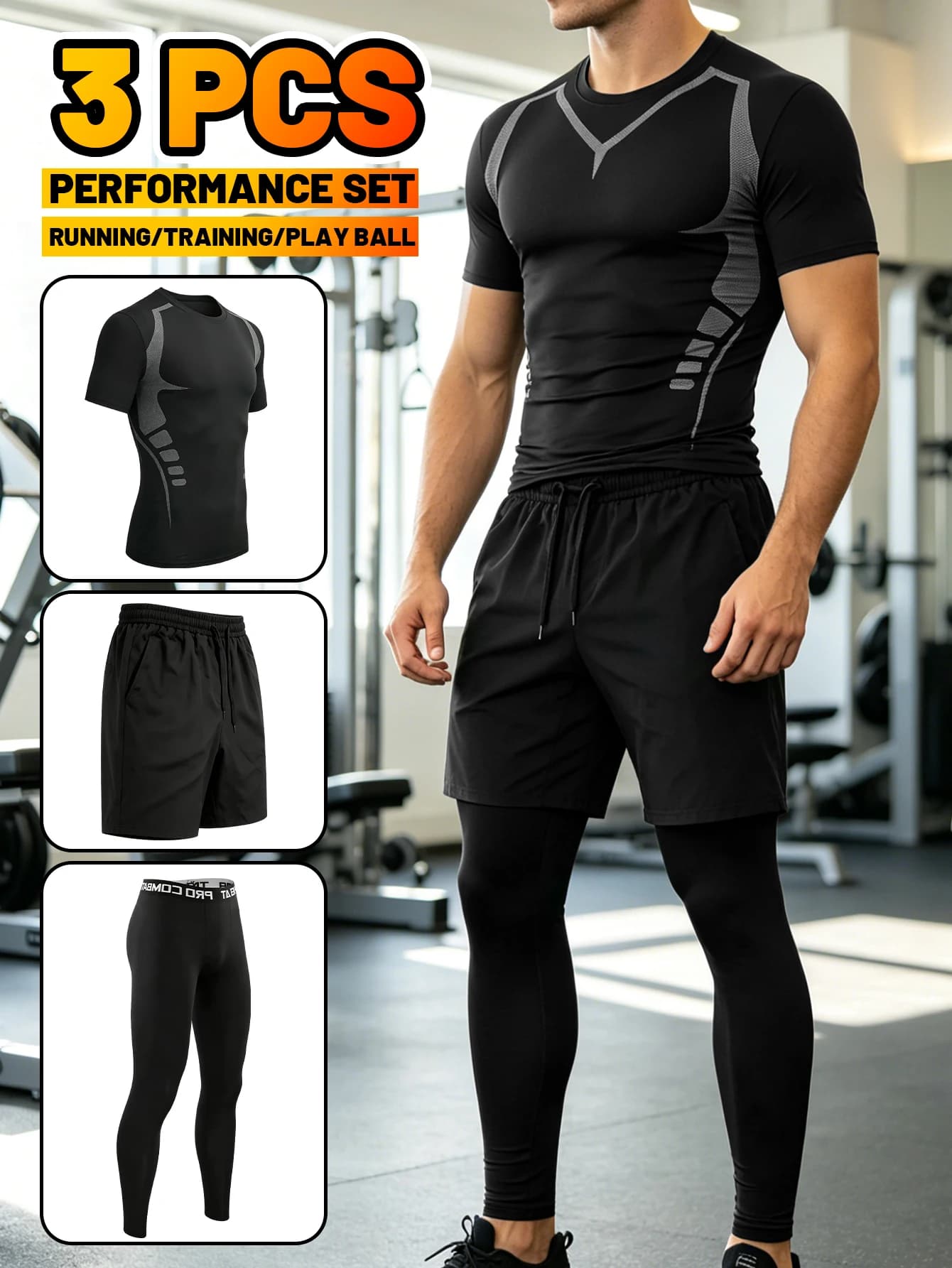 3 Piece Men’s Outdoor Workout Set Athletic Outfit, Quick Dry Breathable Fabric Compression Shirt with Shorts and Leggings, Desig